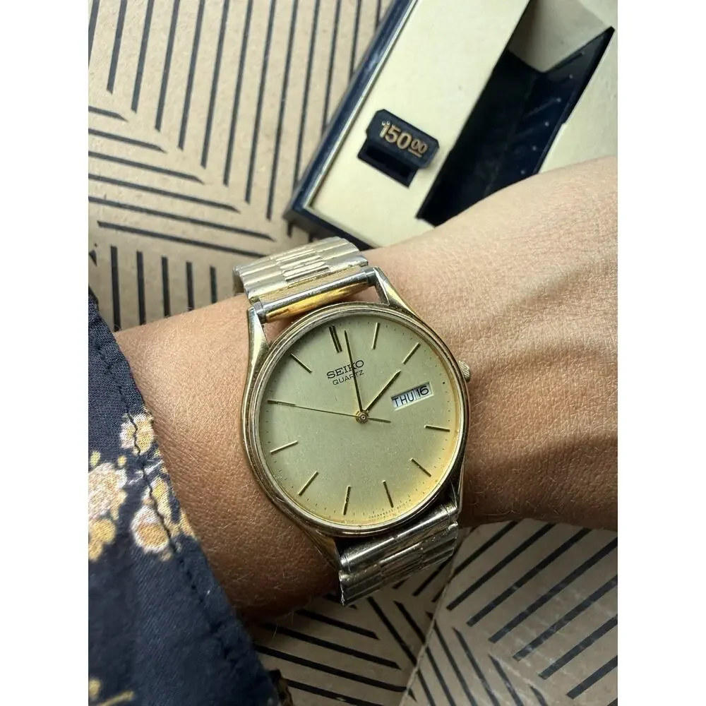 Vintage Seiko 6533-8019 Quartz Day Date Gold Tone Men’s Watch Box Runs Speidel